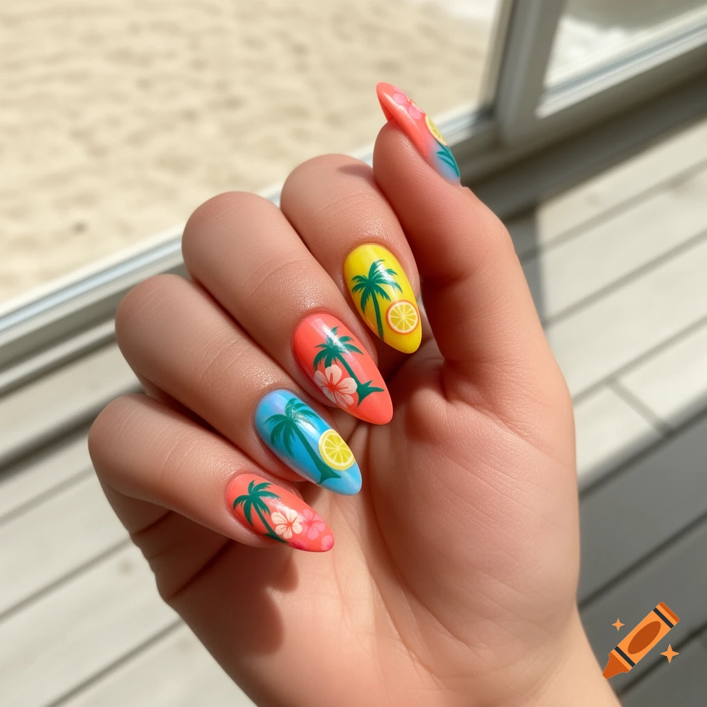 Close-up of a hand with vibrant summer-themed nail art featuring palm trees, lemons, and hibiscus flowers on bright orange, yellow, and blue nails.