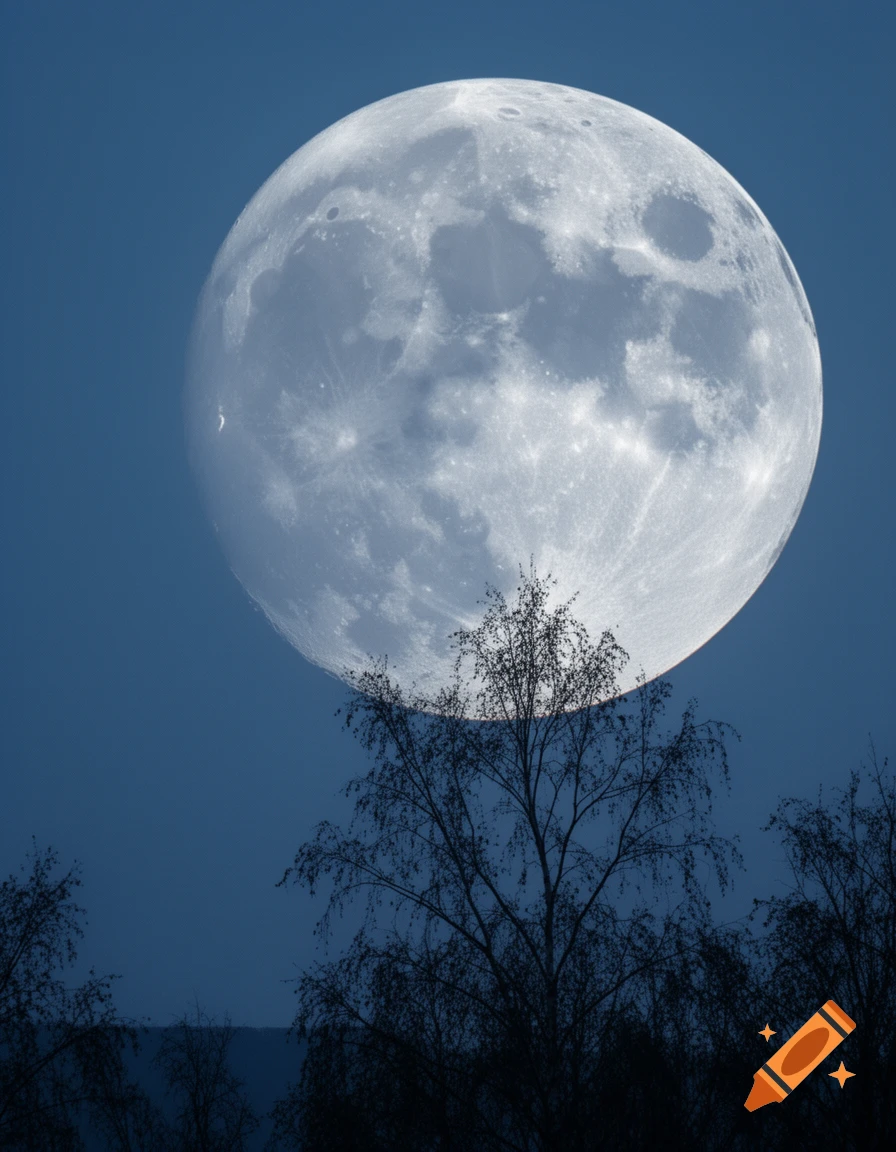 A large, bright full moon illuminates a dark blue sky, partially obscured by the silhouettes of bare trees in the foreground.