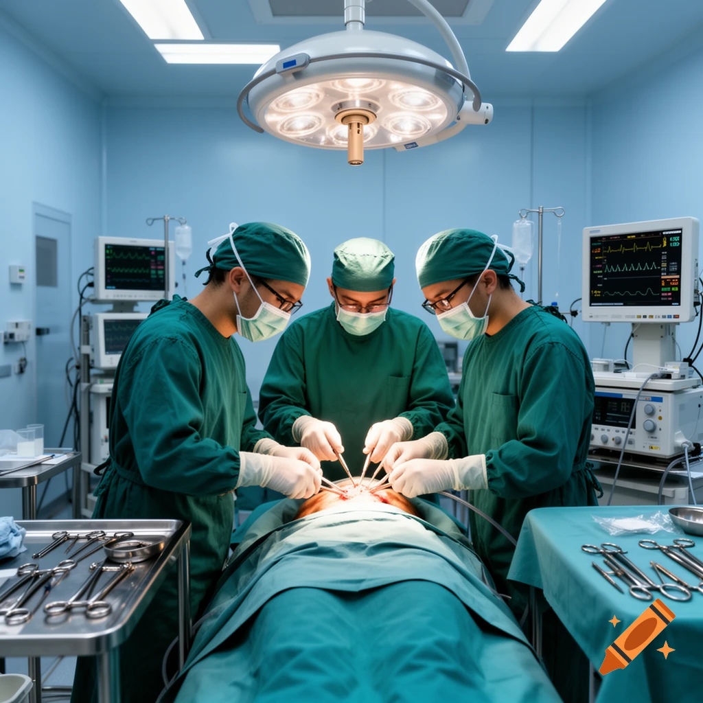 Three surgeons in green scrubs and masks perform an operation on a patient in a sterile operating room.