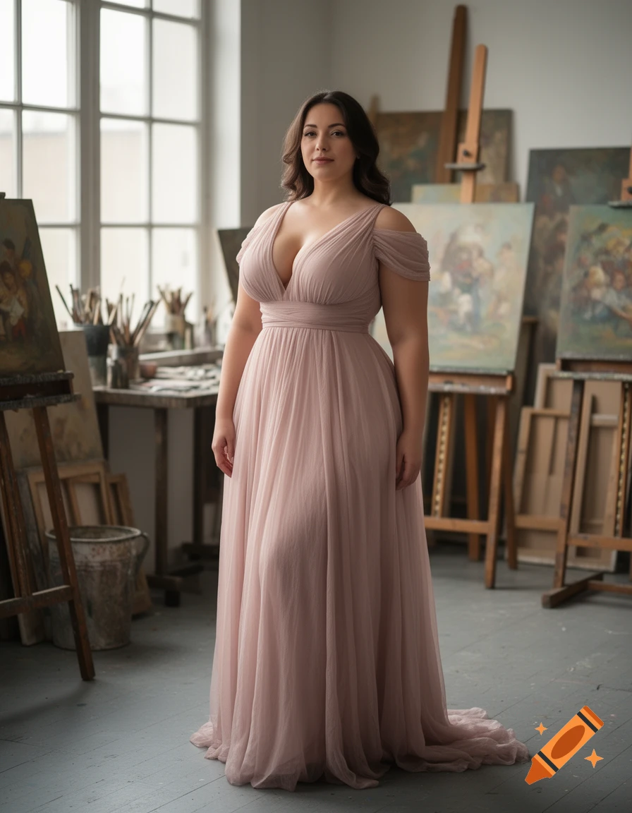 A photorealistic image of a woman in a light pink flowing gown standing in an artist's studio filled with easels and paintings.