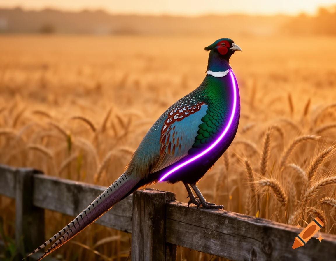 A colorful pheasant with a glowing purple line on its chest stands on a wooden fence in a golden wheat field at sunset.