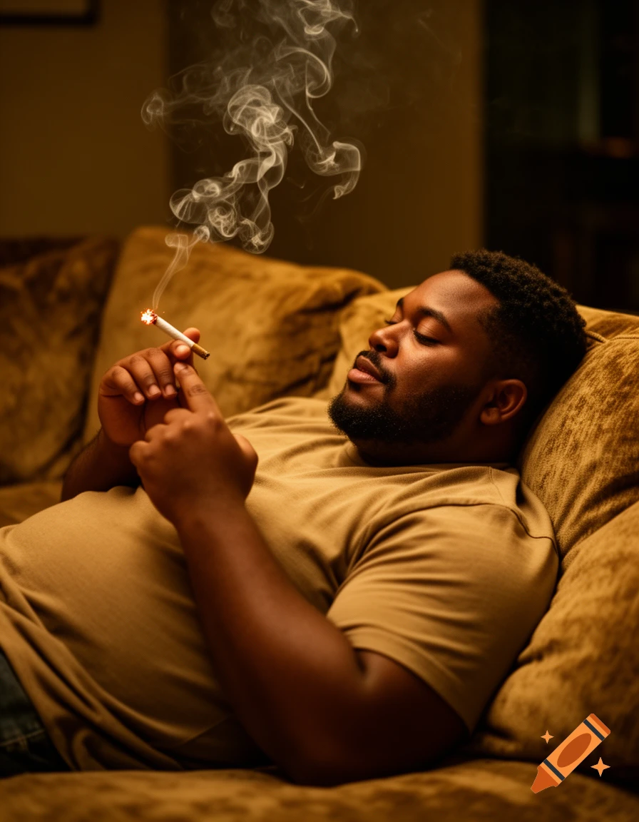 A confident, plus-size man relaxes deeply on a cozy sofa, holding a lit joint with smoke swirling in warm, moody lighting.