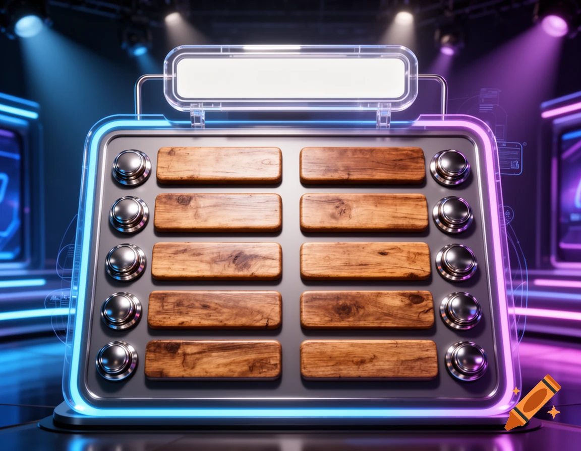 Futuristic game show console with a blank screen, ten wooden answer fields, and metallic buzzers, on a neon-lit stage.
