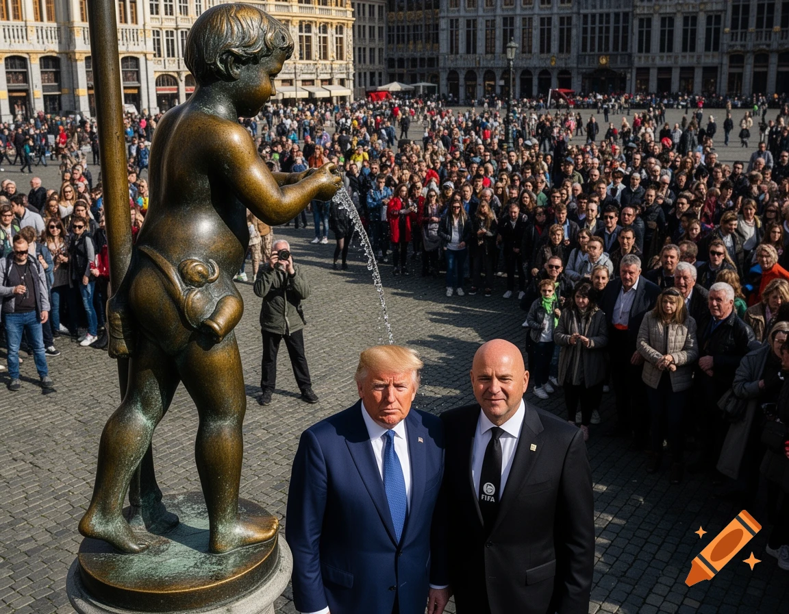 Donald Trump and Gianni Infantino stand in a crowded European city square with the Manneken Pis statue, which is urinating water, in the foreground. Photorealistic.