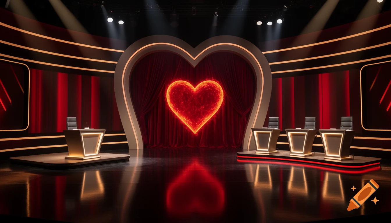 Modern game show stage with a glowing heart-shaped arch, red velvet curtains, a host's podium, and three contestant podiums.