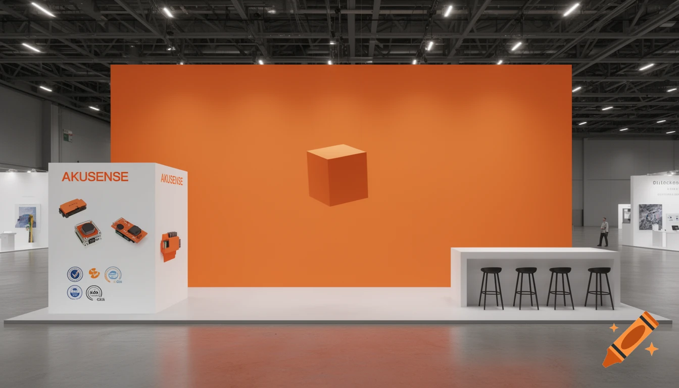 Photorealistic tech exhibition booth with an orange backdrop, a floating cube, AKUSENSE product display, and a white bar with black stools.