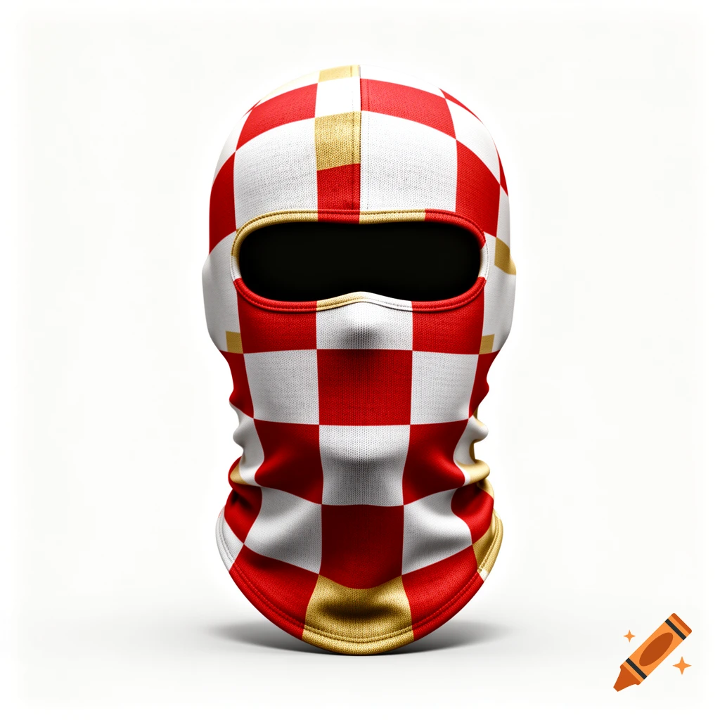 A modern balaclava with a red, white, and gold checkered pattern, featuring realistic fabric texture, on a white background.