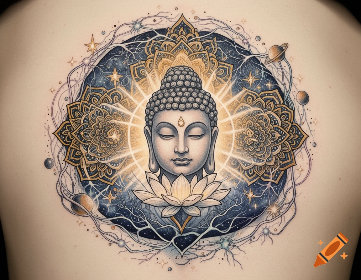 Stylized tattoo of a Buddha head and lotus flower encircled by a golden mandala and cosmic patterns on skin.