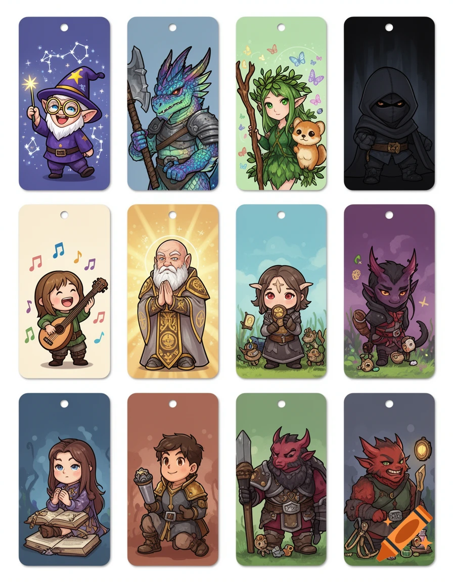 A grid of twelve cute, cartoon-style fantasy RPG character bookmarks, including a wizard, dragon, druid, rogue, bard, cleric, elf, and demon.