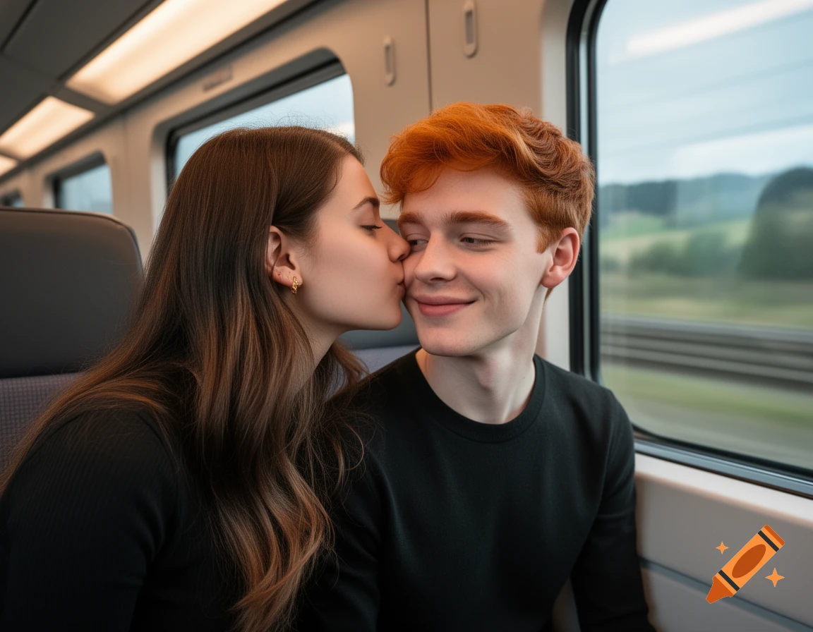 A young woman kisses a smiling young man on the cheek in a modern train, looking out the window at the passing landscape.