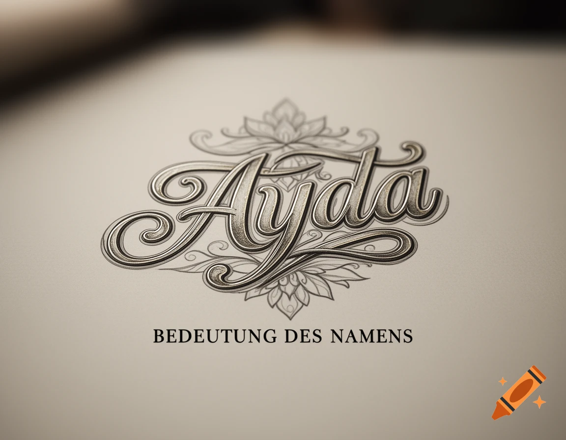 Stylized metallic script 'Ayda' with floral accents above 'Bedeutung des Namens' on a light background.