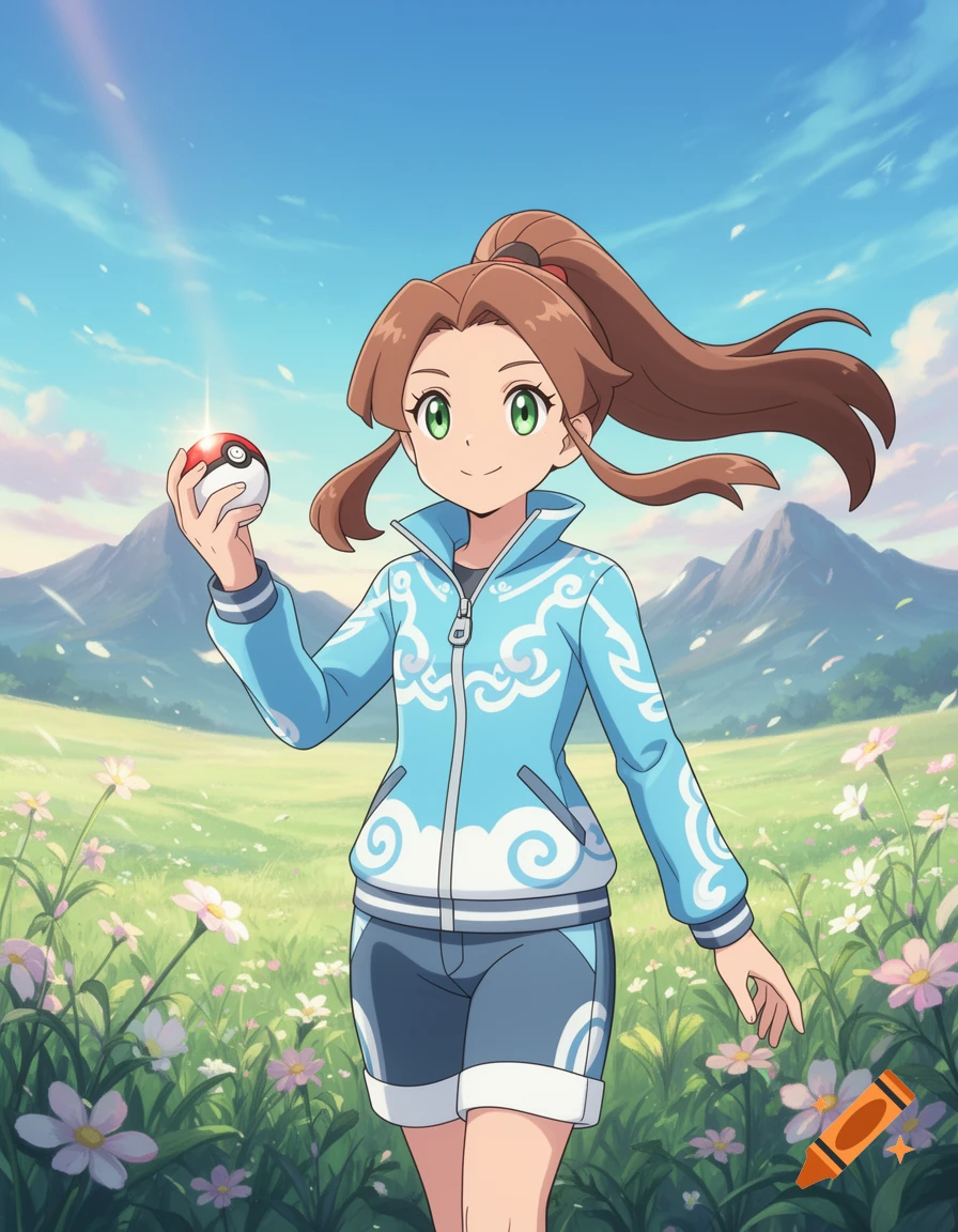 Anime style depiction of Liko from Pokemon Horizons, holding a Poke Ball in a sunny, grassy field.