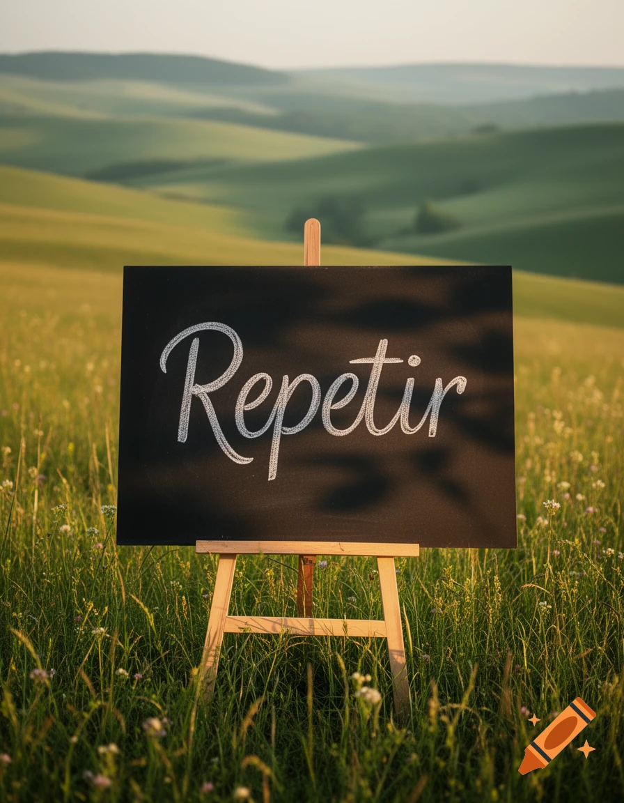 A chalkboard on an easel in a grassy field with rolling green hills in the background, displaying the word 'Repetir' in white script.