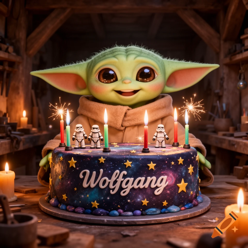 An adorable Grogu (Baby Yoda) from Star Wars, with big eyes, smiling in front of a galaxy-themed birthday cake with candles and Stormtrooper figures, with the name "Wolfgang" on it. Photorealistic, Pixar-style.