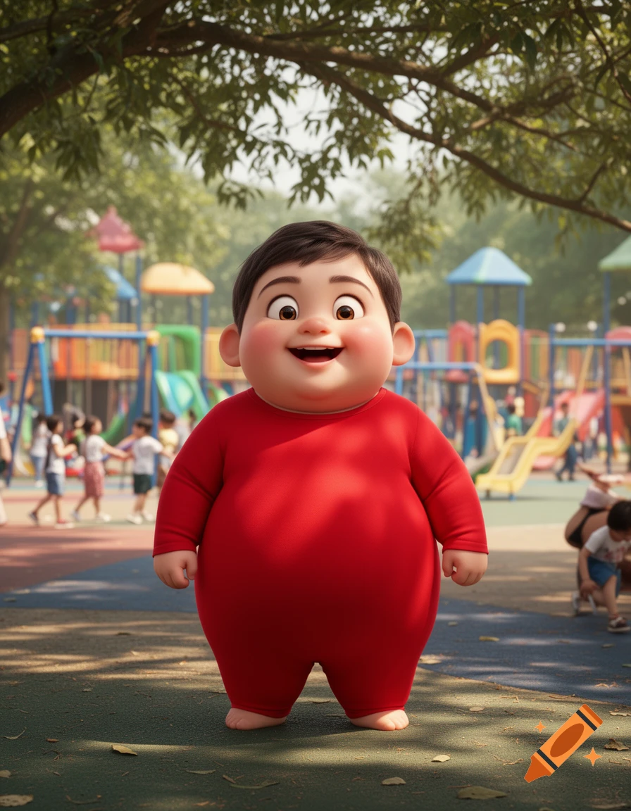 A cute, chubby cartoon child in a red jumpsuit smiles at a sunny playground with blurry children and equipment in the background.