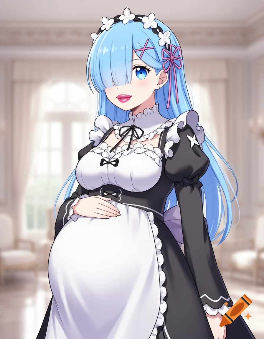 Anime character Rem with blue hair, wearing a black and white maid outfit, and a pregnant belly, standing indoors.
