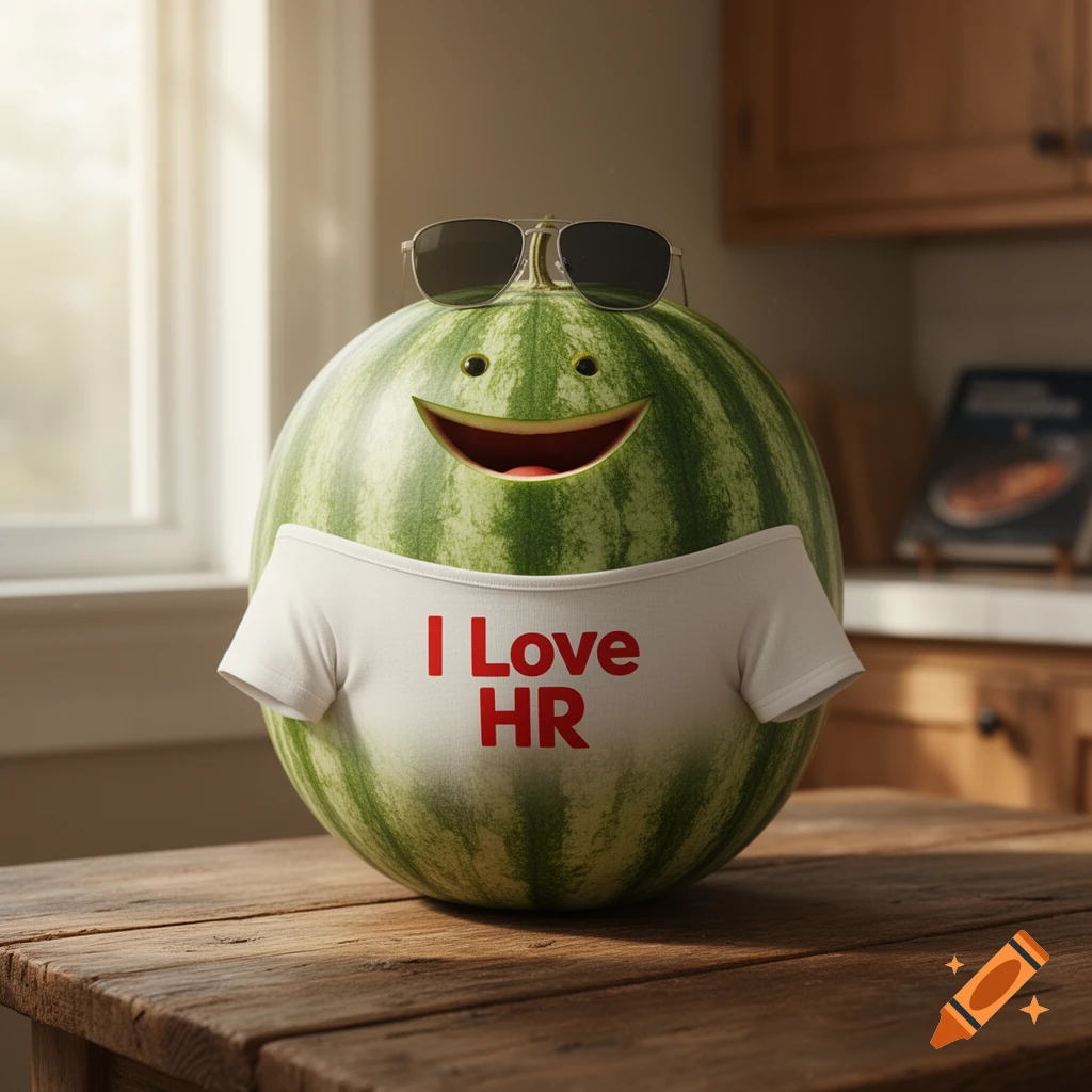 A photorealistic friendly watermelon wearing sunglasses and a white t-shirt that says 'I Love HR' sits on a wooden table in a kitchen.