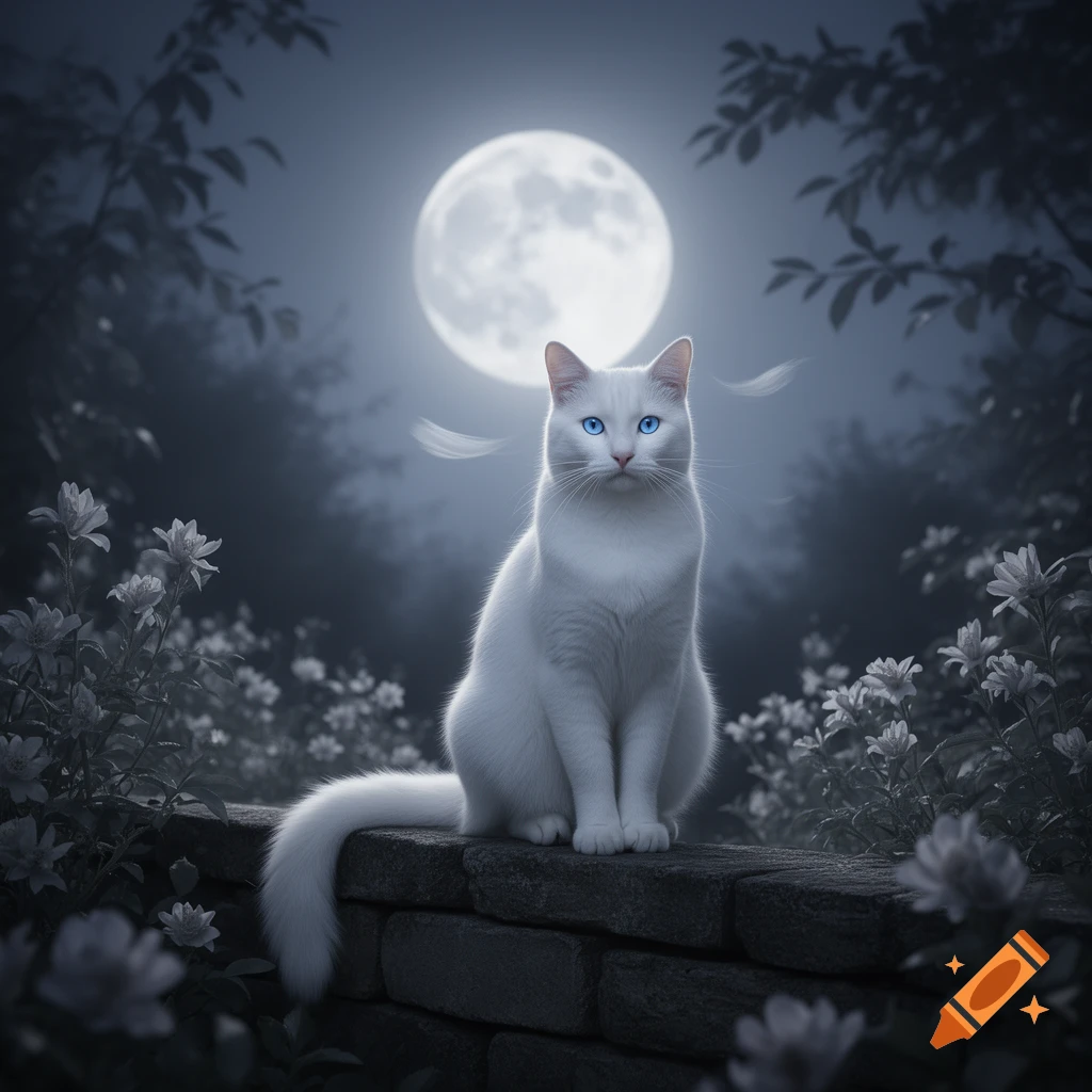 A white cat with piercing blue eyes sits on a stone wall in a moonlit garden at night, with a full moon behind it.