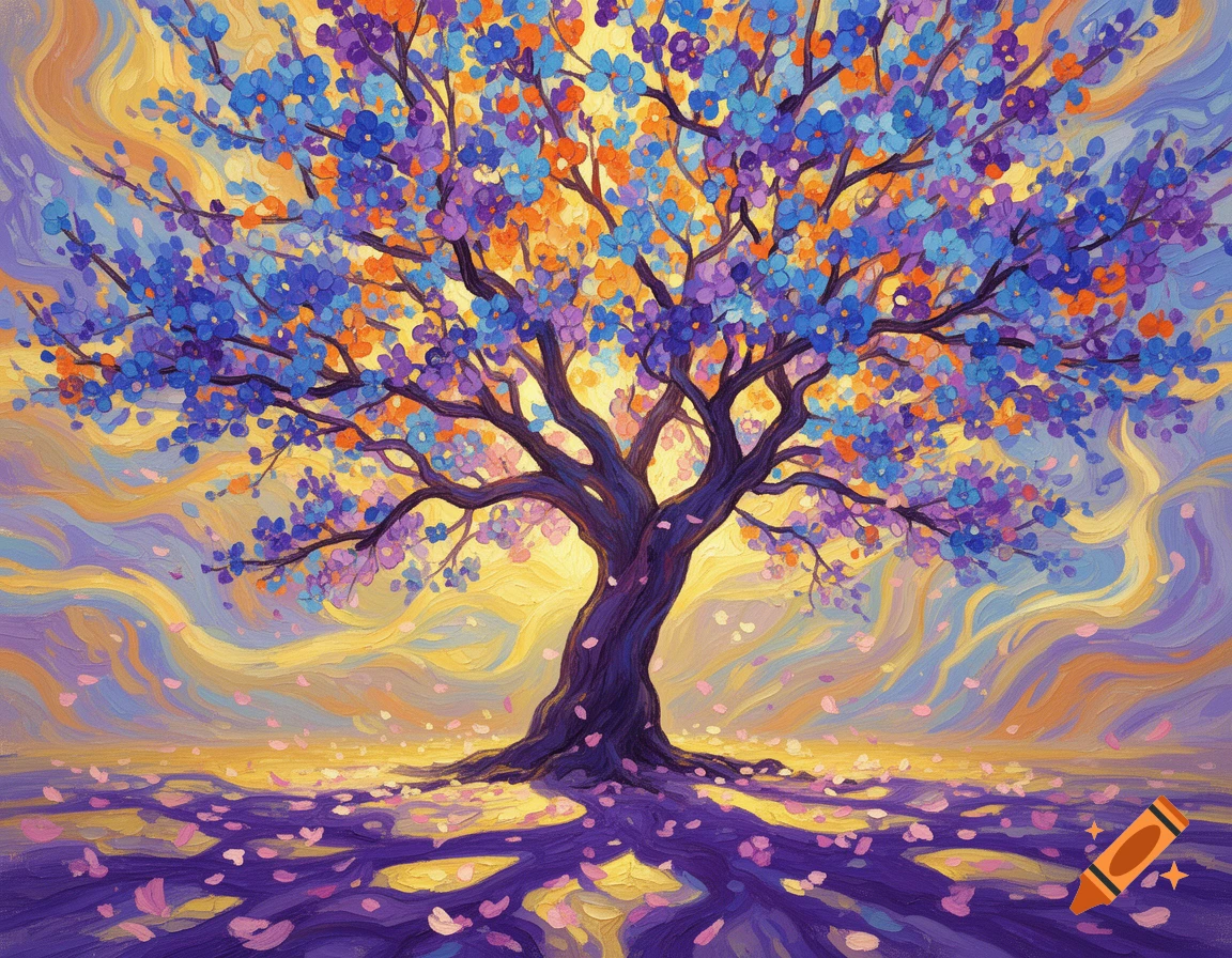 A vibrant, colorful impressionistic painting of a tree with blue, purple, and orange leaves and fallen petals. The background features swirling yellow and purple skies.