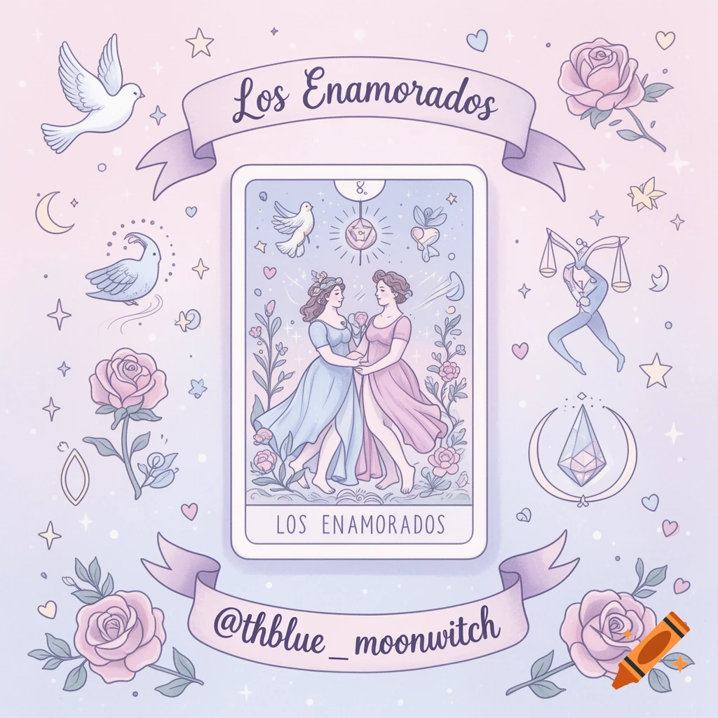 A whimsical pastel illustration of 'The Lovers' tarot card, depicting two women holding hands surrounded by doves, roses, and celestial symbols.