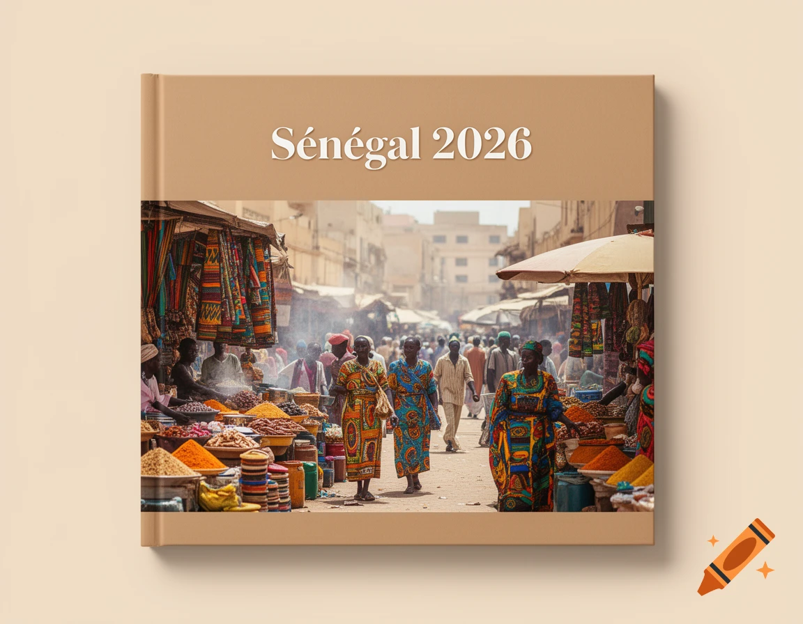 A photorealistic book cover titled 'Sénégal 2026' featuring a bustling African street market with colorful stalls and people.