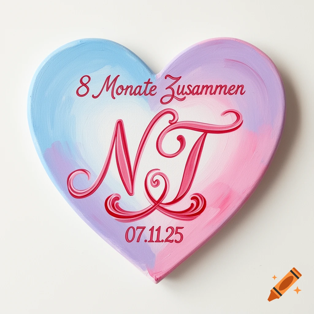 A heart-shaped painting in pastel blue, pink, and purple, with red text reading '8 Monate Zusammen', 'NT', and '07.11.25'.