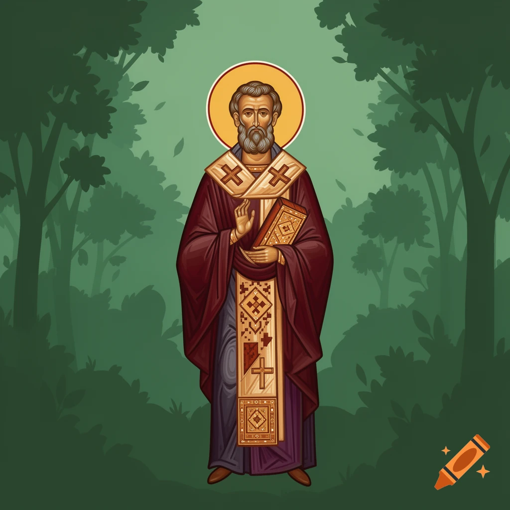 An iconographic depiction of a bearded saint, dressed in robes, holding a book, and making a blessing gesture, standing in a forest.