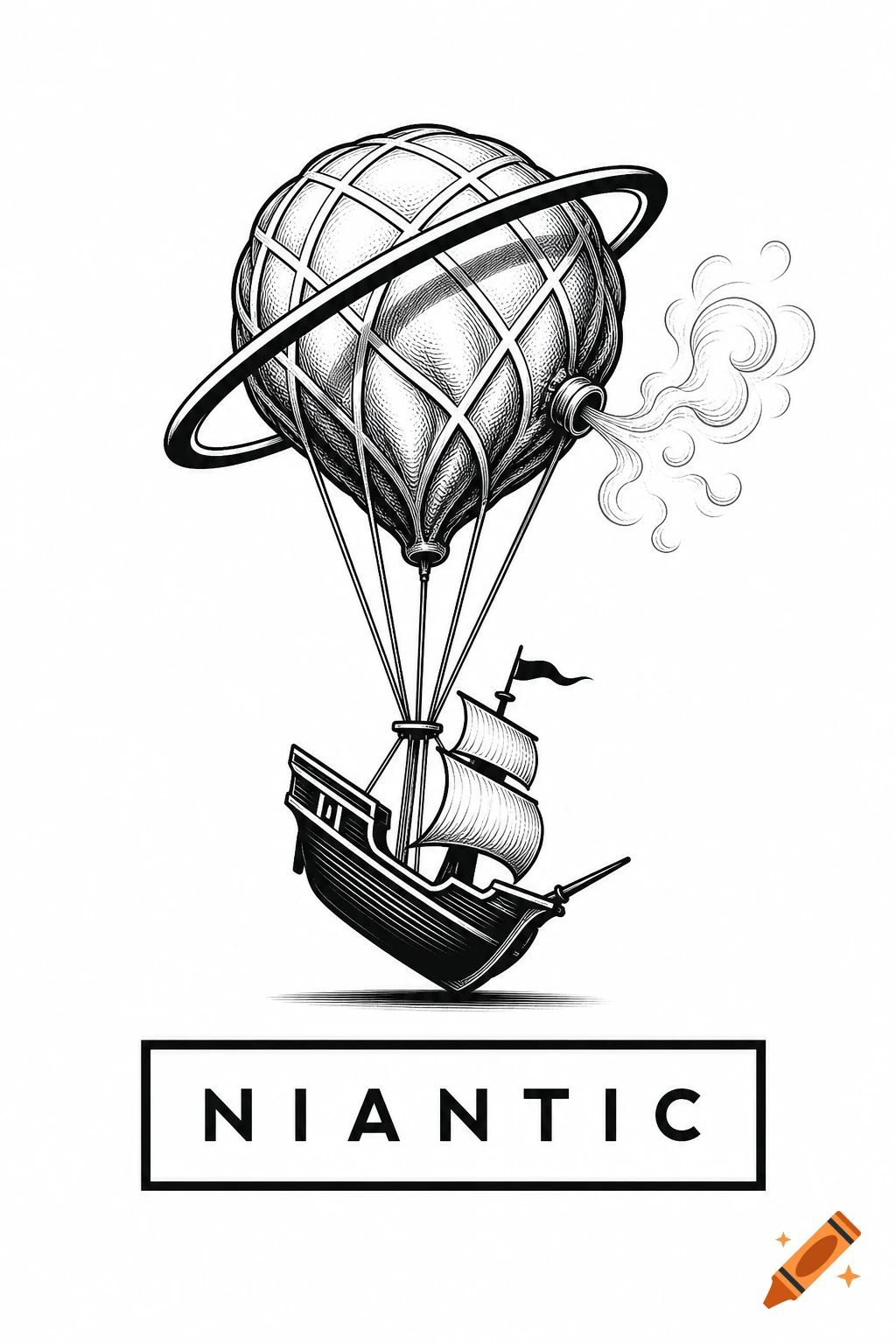 Stylized black and white logo with a hot air balloon leaking air above a falling ship, and the word NIANTIC.