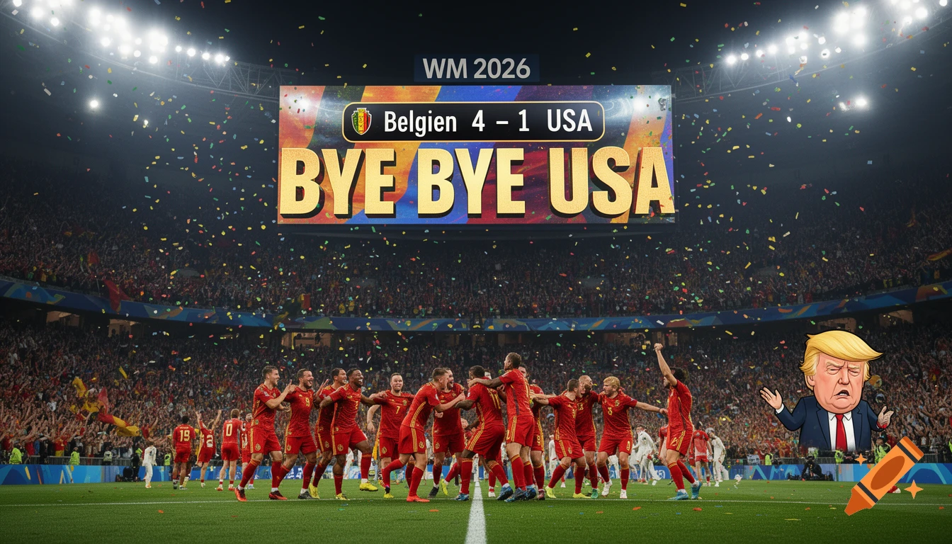 Belgian soccer players celebrate in a stadium with confetti, a scoreboard showing 'Belgien 4 - 1 USA' and 'BYE BYE USA', and a cartoon Donald Trump looking disappointed.