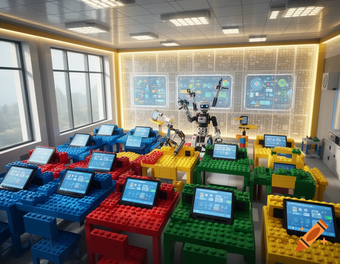 A futuristic classroom made of colorful Lego bricks, with robots and tablets on each desk, and large interactive screens on the back wall.