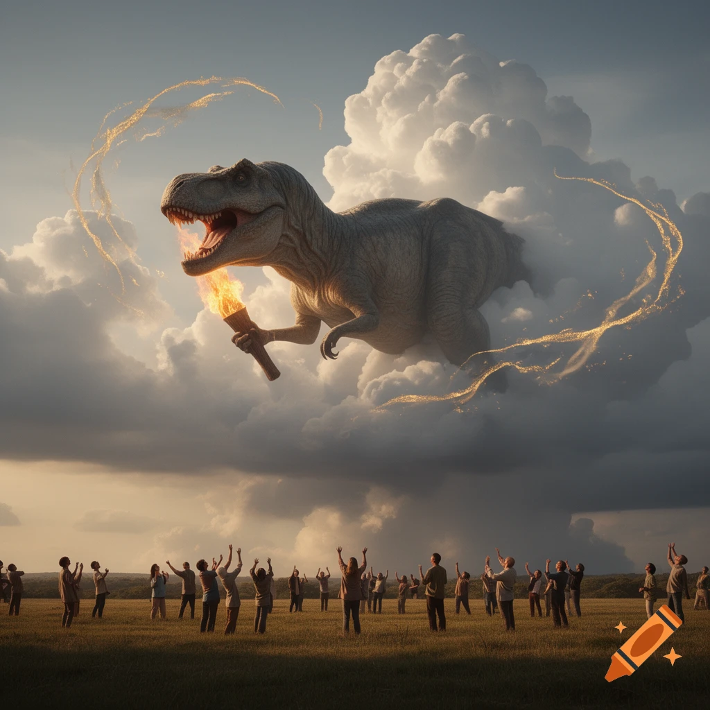 A massive T-Rex in the clouds holds a flaming torch as a crowd of people gaze up from a grassy field below.