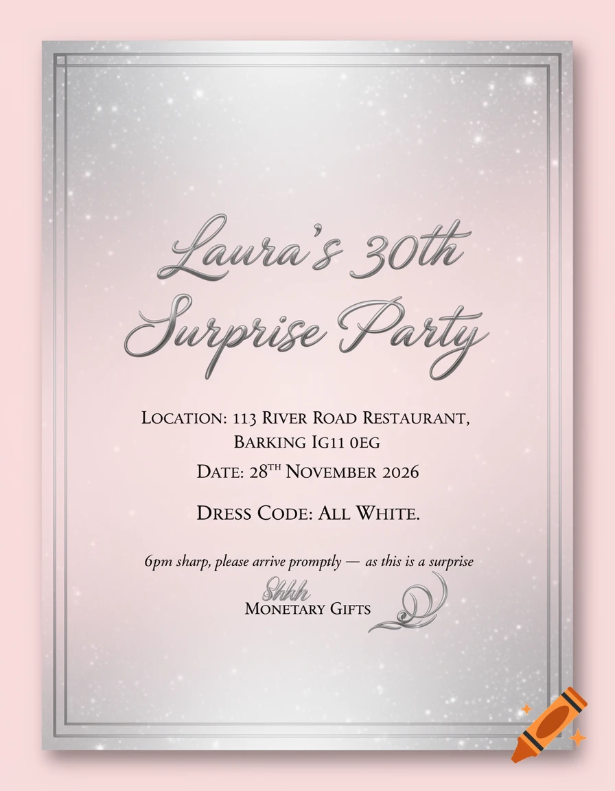 Elegant light pink and silver invitation for Laura's 30th surprise party, with event details, a 'Shhh' element, and subtle sparkles.