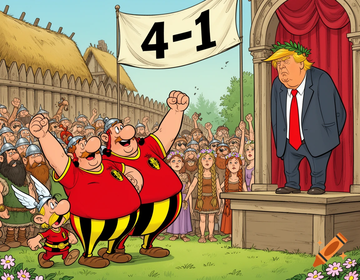 Comic illustration of Asterix and Obelix cheering with a crowd under a 4-1 banner, while a sad Donald Trump in a laurel wreath stands on a platform.