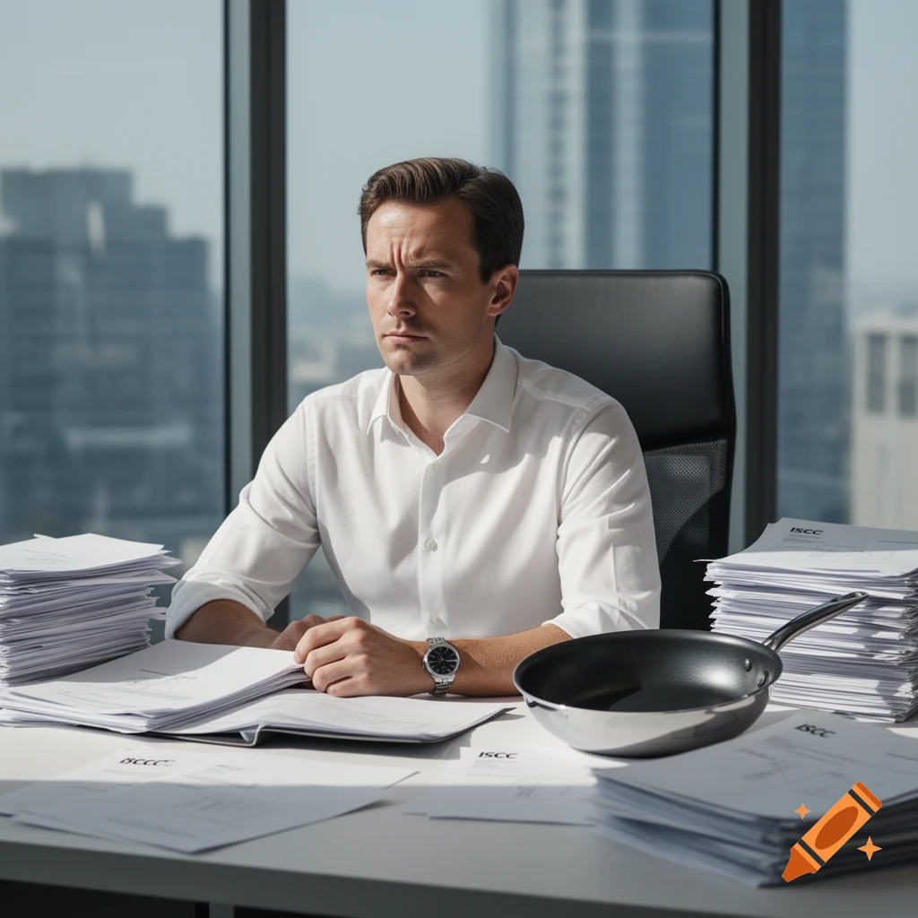 A serious-looking man sits at an office desk piled with papers, with a frying pan resting among them. Photorealistic.