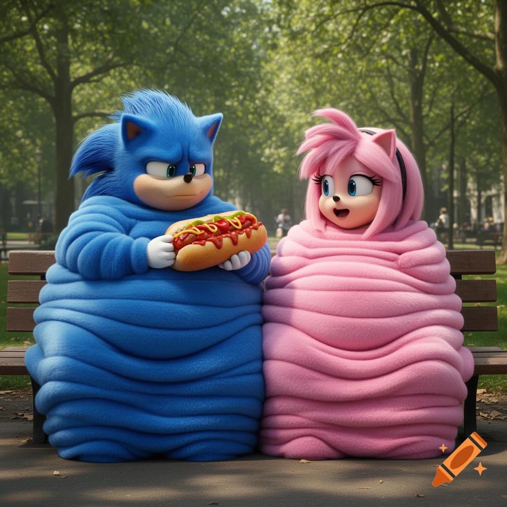 Morbidly obese Sonic and Amy Rose, with fat rolls, sit on a park bench. Sonic holds a chili dog in 3D animated style.