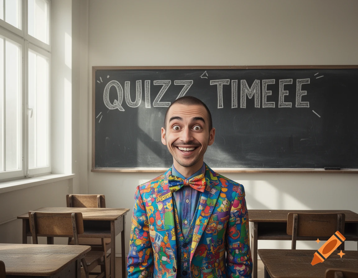 A man with a wide, exaggerated smile and a colorful, patterned suit stands in a classroom in front of a blackboard that says 'QUIZZZ TIMEEE'.