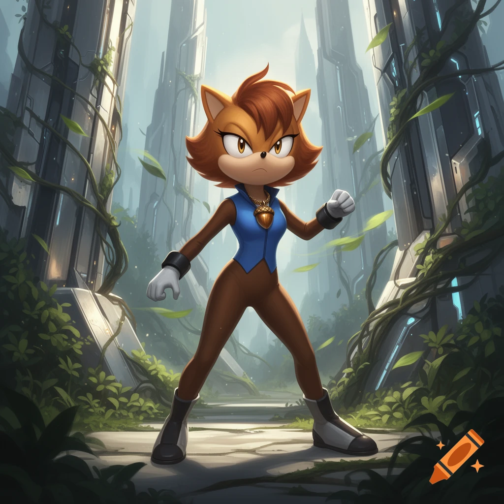 Sally Acorn, an anthropomorphic squirrel/cat character, stands in a futuristic jungle with tall, vine-covered structures.