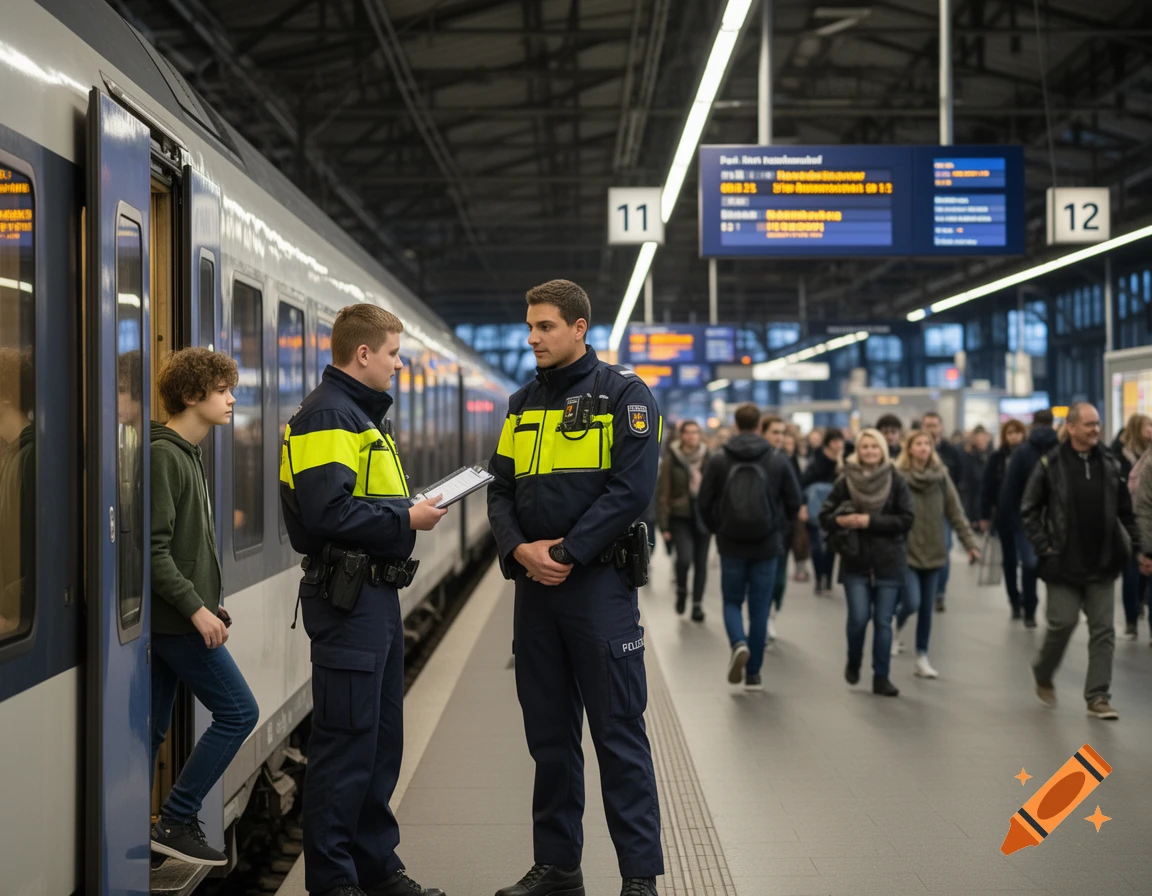 Two police officers in high-visibility uniforms talk to a young man stepping off a train at a busy, modern train station.
