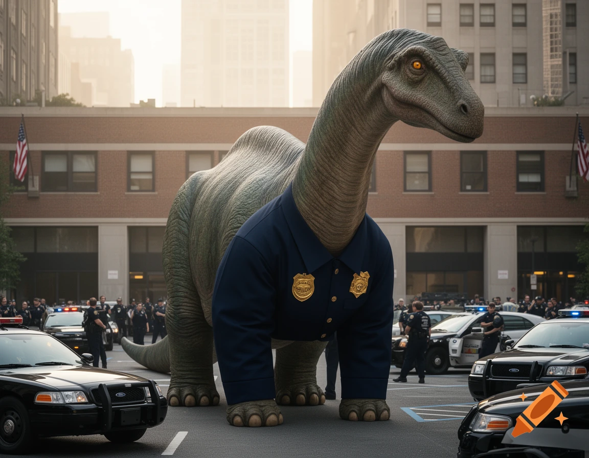 A massive, photorealistic Brontosaurus in a blue police uniform stands on a city street, flanked by police cars and officers.