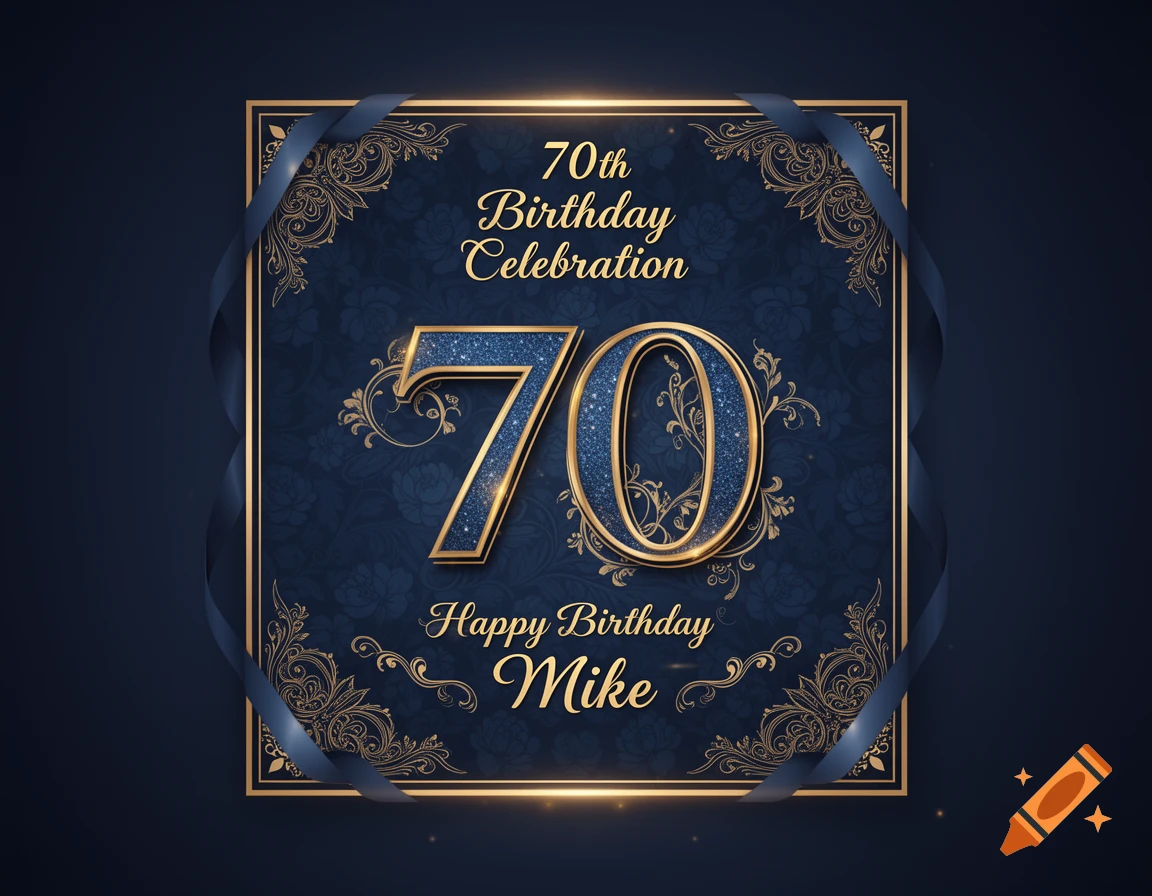 Elegant blue and gold 70th birthday invitation card for Mike, with glittery numbers and ribbons.