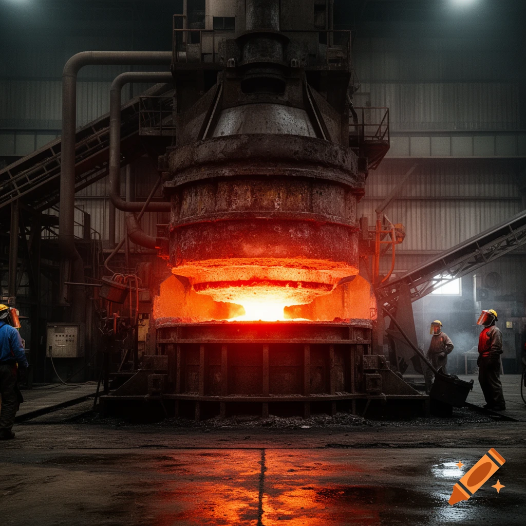 Workers in protective gear stand near a large, glowing hot blast furnace inside a dark, industrial factory.