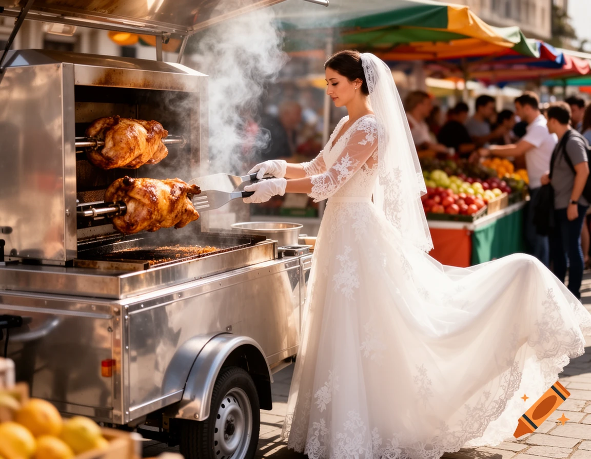 A bride in a white wedding dress uses tongs to tend to roasting chickens on a food truck at an outdoor market.