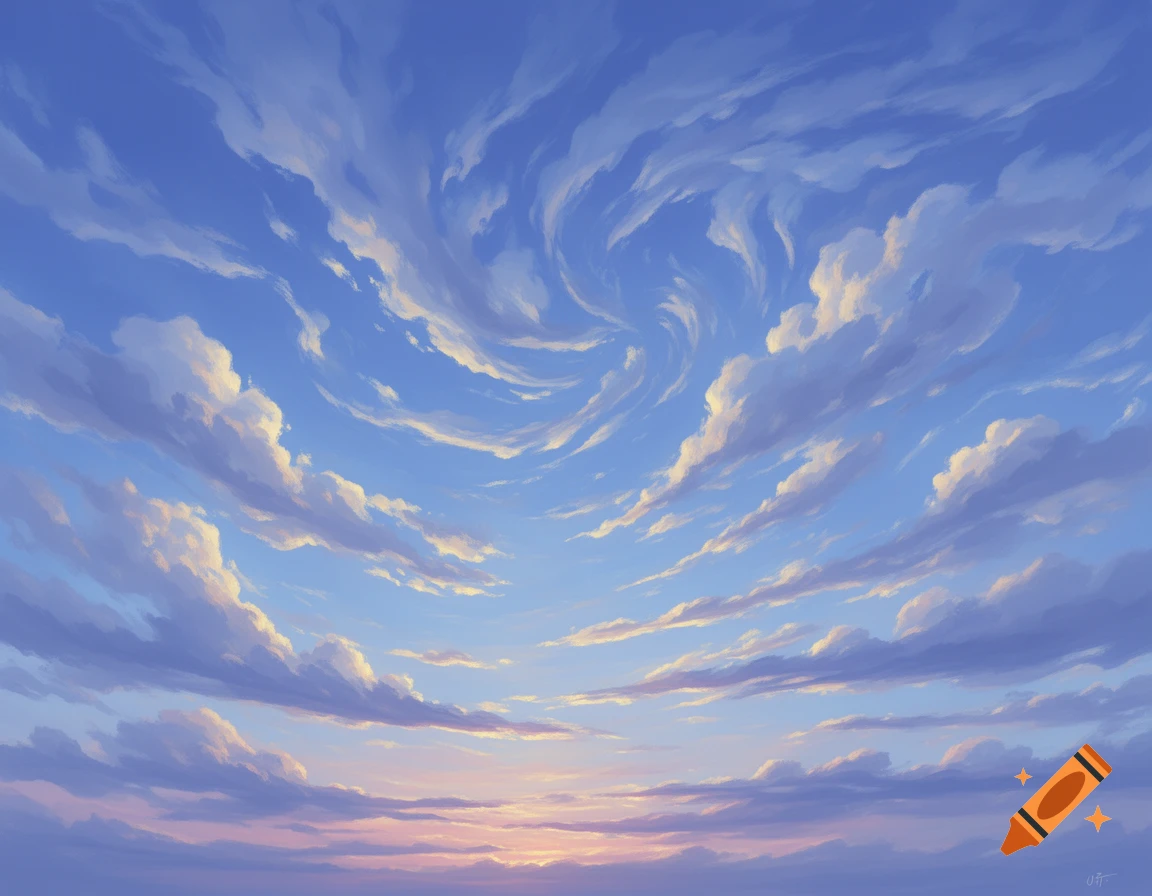 A drawing of a blue sky filled with swirling white and purple clouds, with a soft horizon.