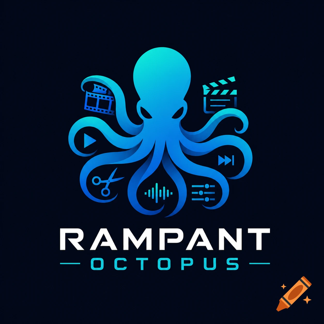 A stylized blue gradient octopus logo surrounded by video editing icons like film reels, a clapperboard, play button, scissors, and audio waves, with the text "RAMPANT OCTOPUS" below.