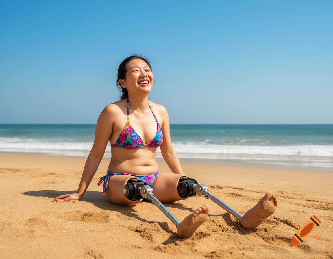 Cheerful Asian woman with prosthetic legs, wearing a colorful bikini, smiles while sitting on a sunny sandy beach by the ocean.