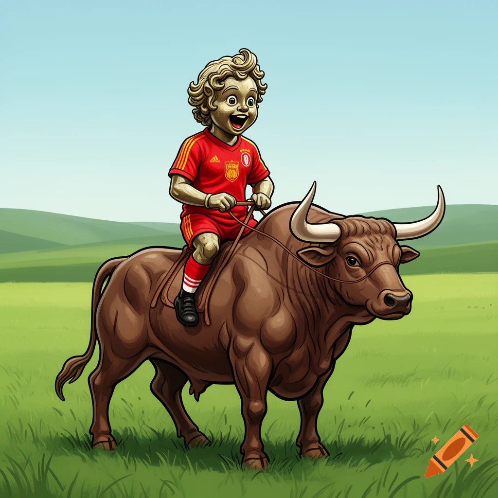 A cartoon child resembling Manneke Pis, wearing a red soccer jersey, rides a brown bull across a grassy field under a blue sky.