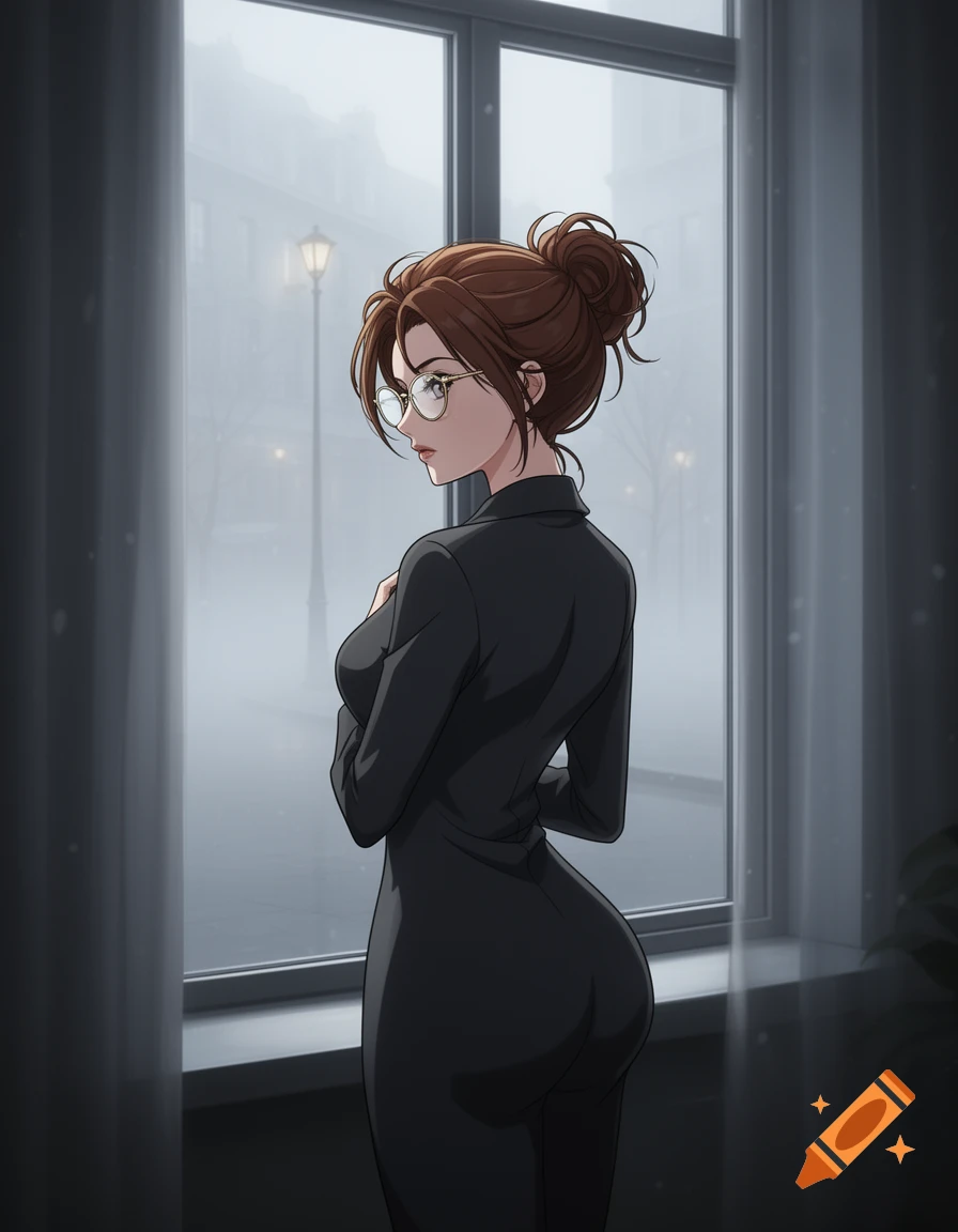 Anime-style woman with brown hair in a bun and glasses stands by a window, looking at a foggy street.