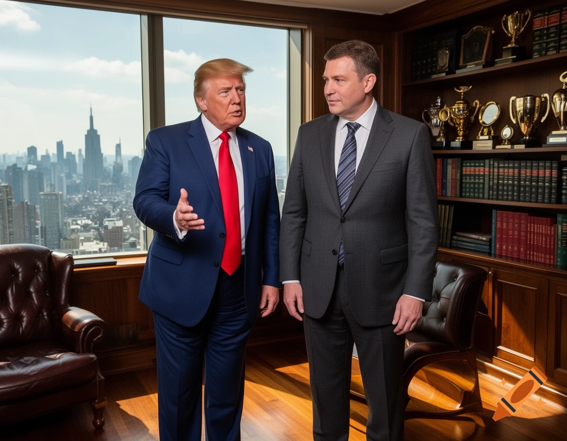 Donald Trump and another man in suits stand in a high-rise office with a city skyline and bookshelves.