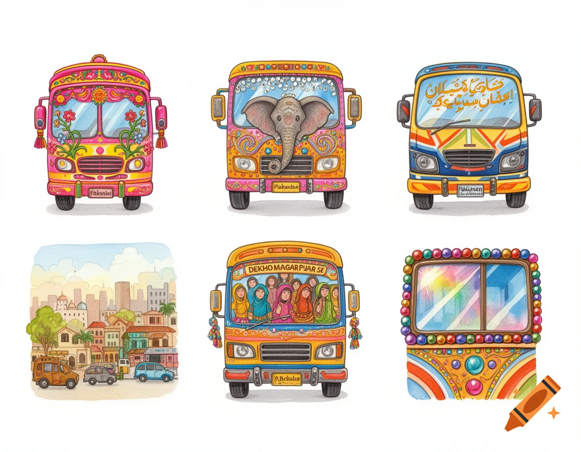 A grid of six colorful, decorated bus illustrations in a vibrant, traditional Pakistani truck art style, some featuring text and cityscapes.
