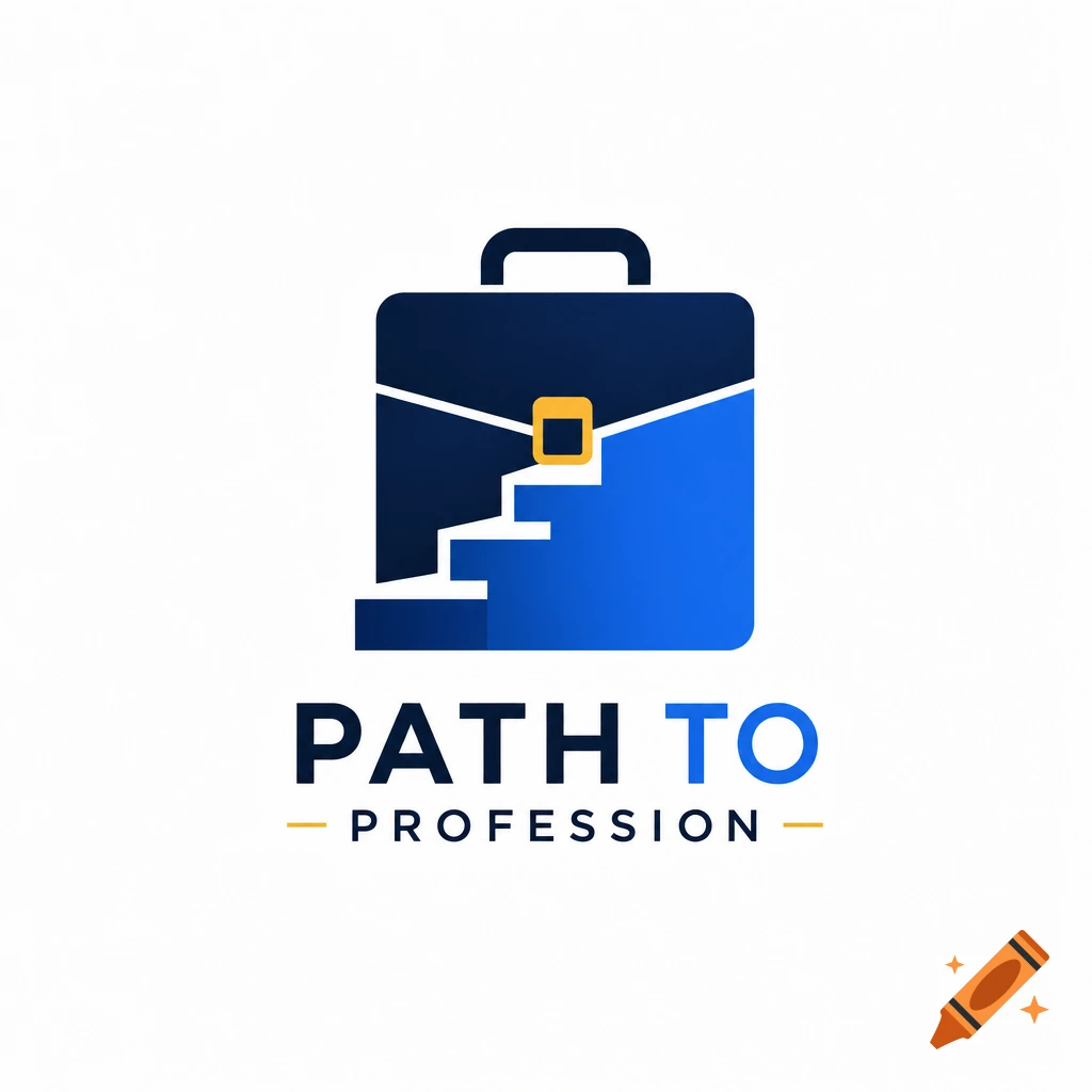 A modern minimalist logo of a dark blue briefcase with a light blue upward staircase and a gold buckle, with the text 'PATH TO PROFESSION'.